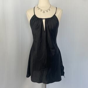 Y2K Avon Chemise Medium Black Solid Satin Slip Dress Short Lingerie Babydoll Vtg